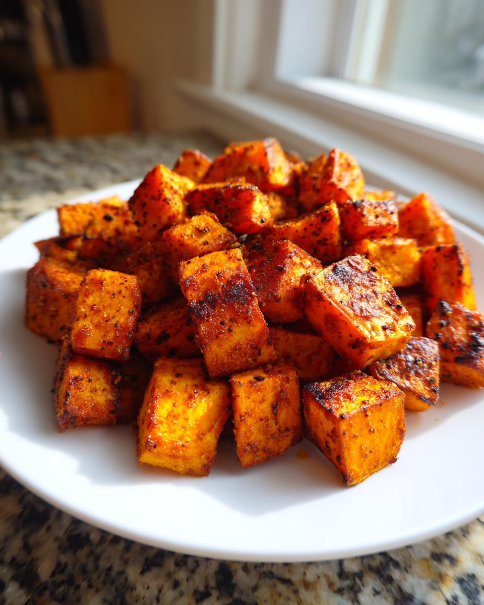 A pile of perfectly seasoned and caramelized roasted sweet potatoes cubes served on a white plate.