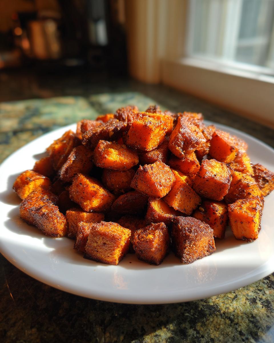 A mound of beautifully caramelized, seasoned roasted sweet potatoes cubes served on a white plate.
