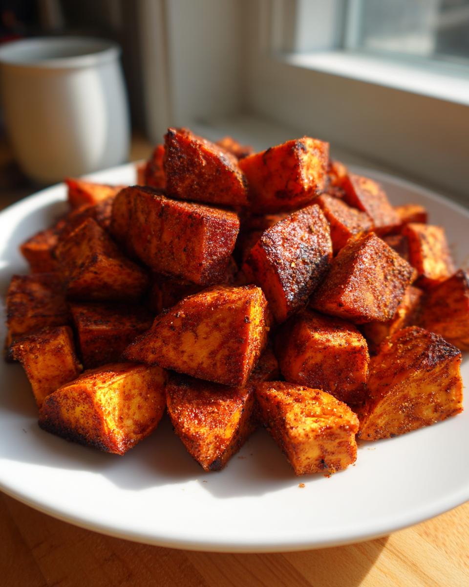 A close-up of perfectly seasoned roasted sweet potatoes cubes piled high on a white plate, catching natural sunlight.