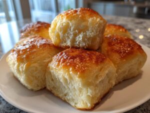 A stack of five golden brown, soft dinner rolls with a shiny butter glaze resting on a white plate.