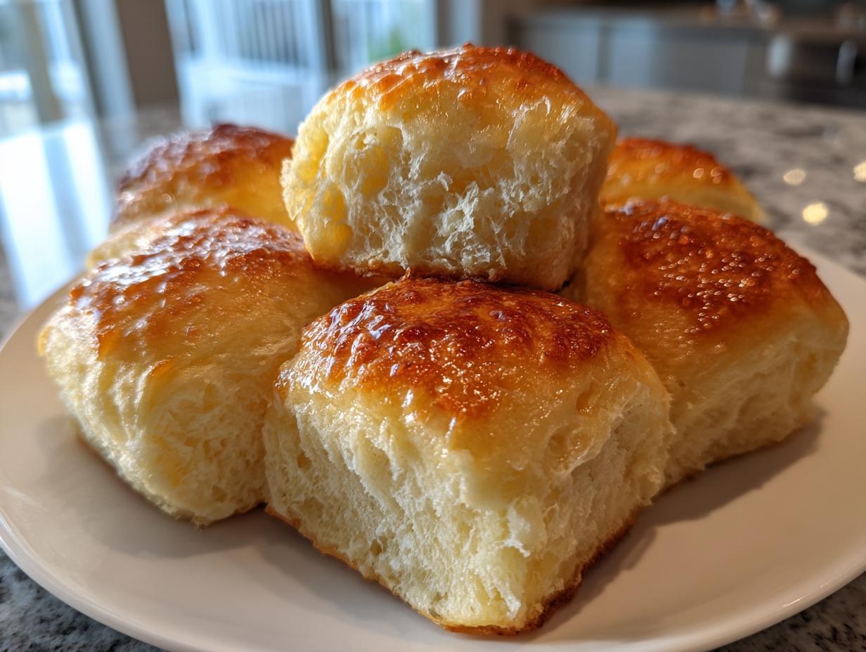 A stack of five golden brown, soft dinner rolls with a shiny butter glaze resting on a white plate.