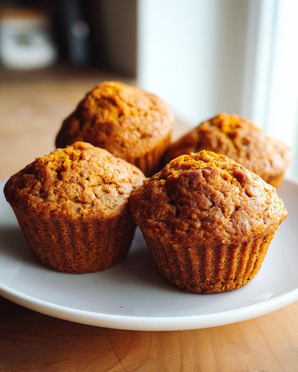 Four freshly baked, golden brown sweet potato muffins sitting on a white plate near a window.