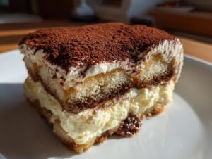 Close-up of a perfectly layered slice of tiramisu recipe, dusted heavily with cocoa powder.