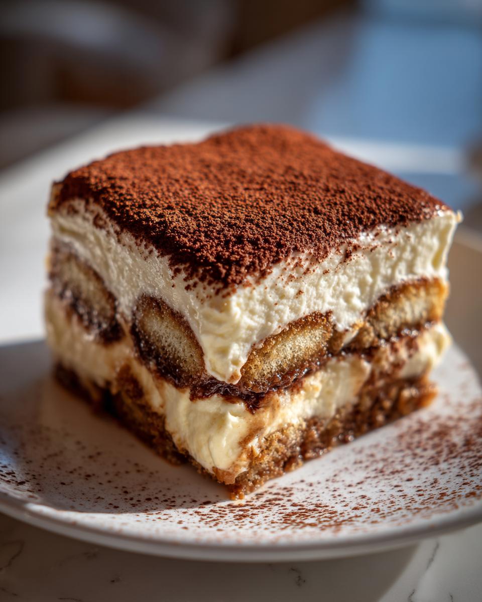 A decadent slice of tiramisu recipe showing layers of cream, coffee-soaked ladyfingers, and a dusting of cocoa powder.