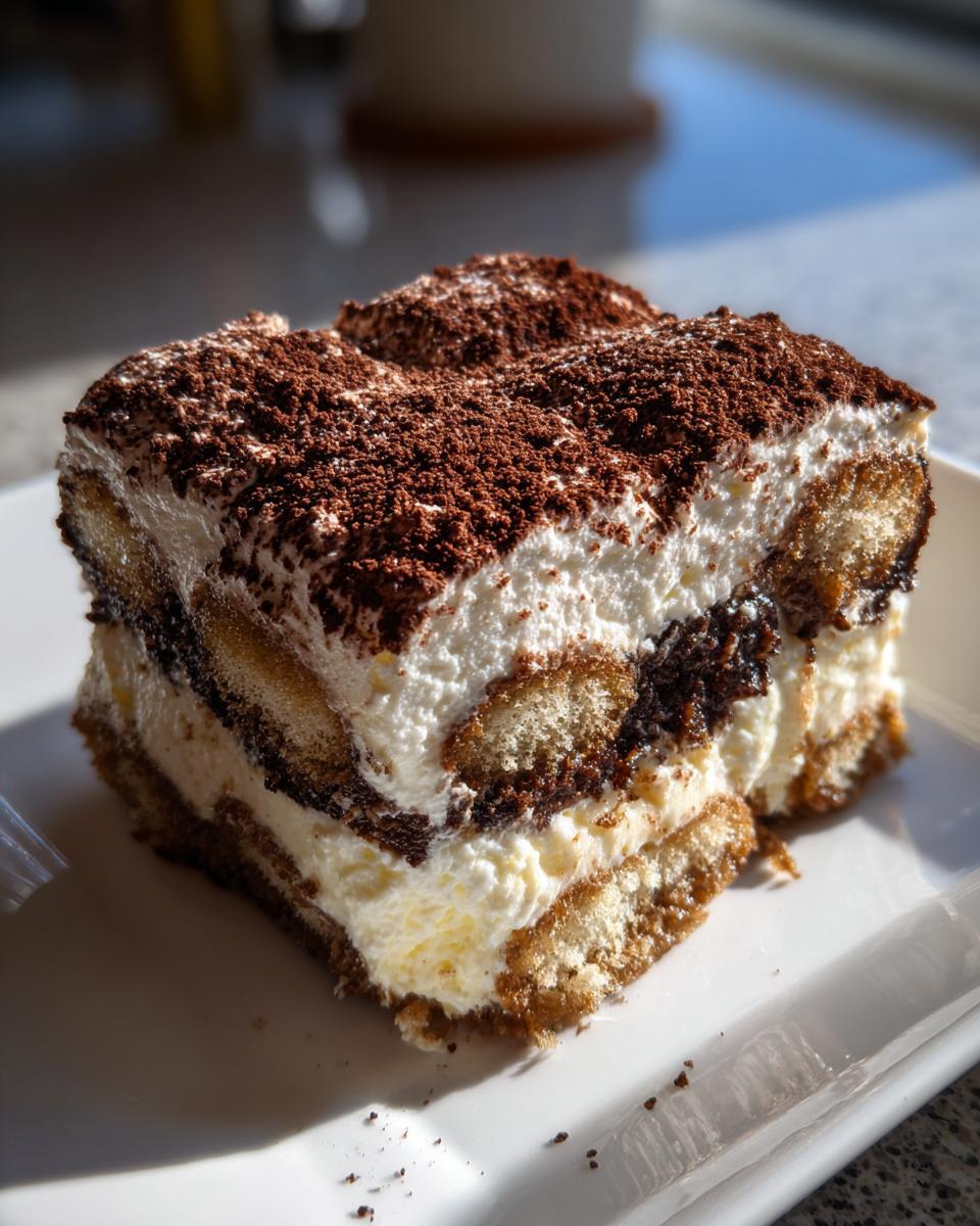 Close-up of a layered slice of tiramisu recipe, dusted heavily with cocoa powder.