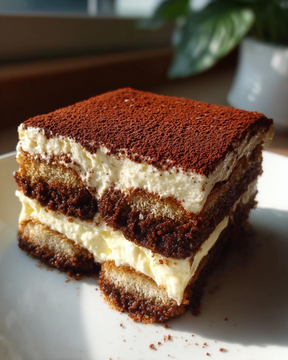 A square slice of rich tiramisu recipe layered with cream and dusted heavily with cocoa powder.