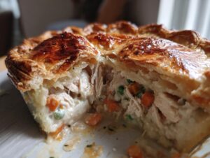Close-up view of a slice cut from a turkey pot pie, showing flaky crust and creamy filling with shredded turkey and vegetables.