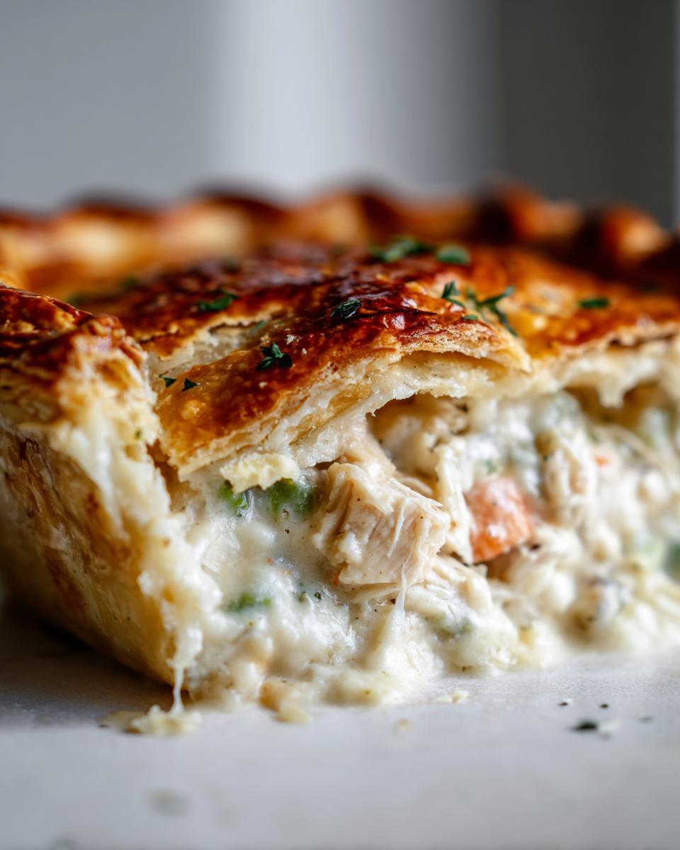 A close-up cross-section showing the creamy filling and flaky crust of a delicious turkey pot pie.