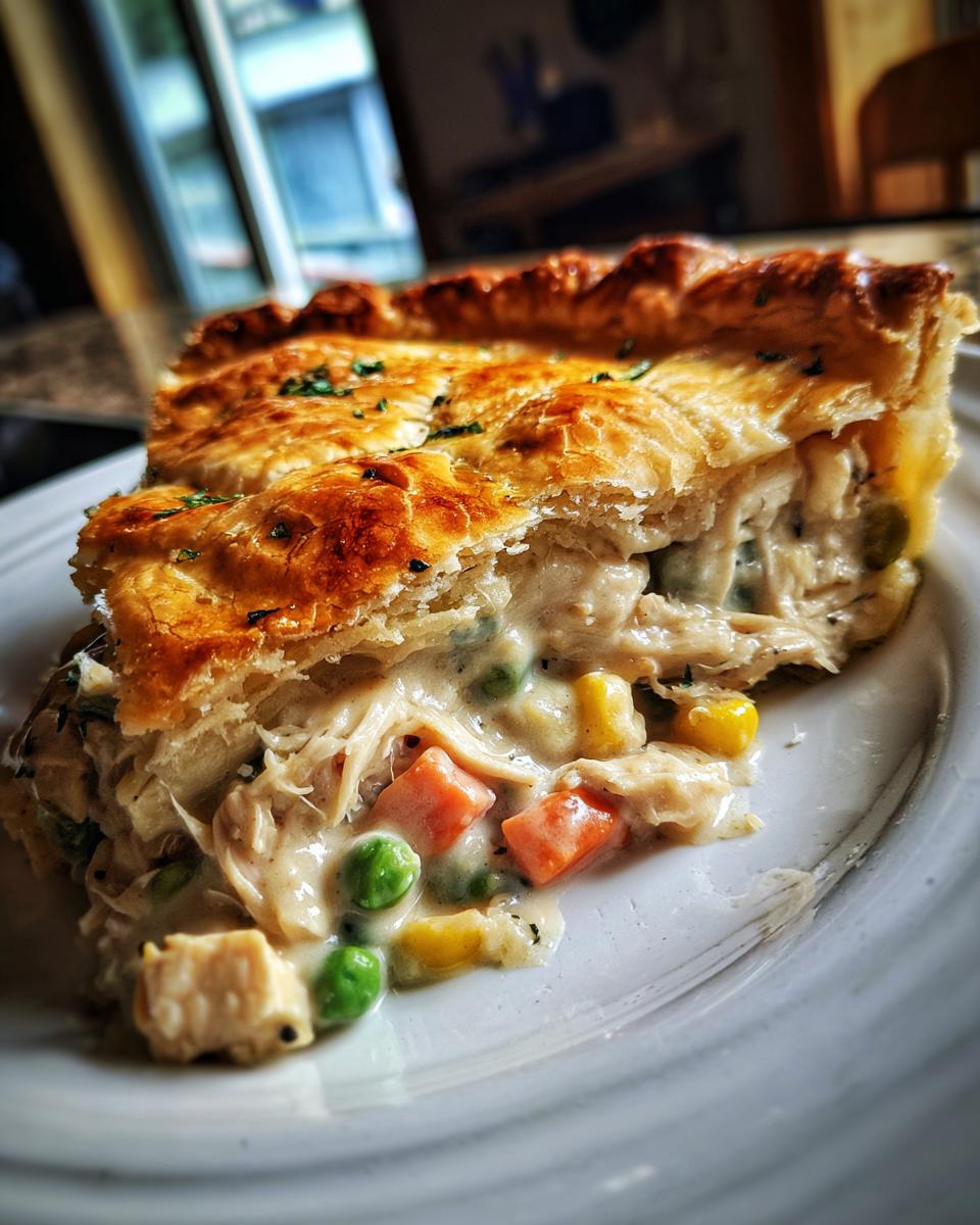 Close-up of a slice of amazing turkey pot pie showing creamy filling, turkey chunks, peas, and carrots under a golden, flaky crust.
