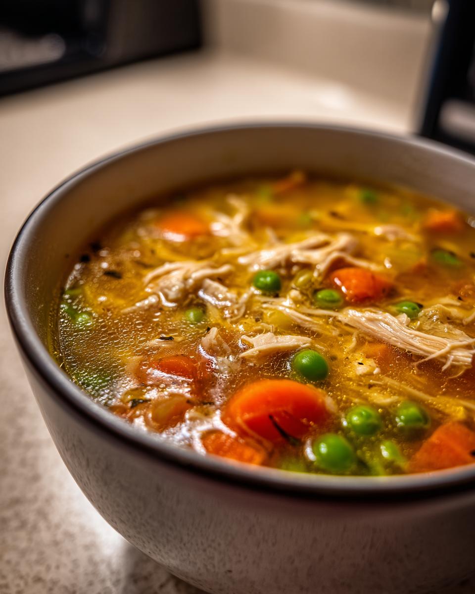 Close-up of a steaming bowl of amazing turkey soup showing shredded meat, bright orange carrots, and green peas in a rich broth.
