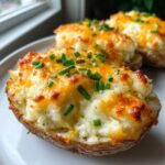 A close-up of a delicious twice baked potato, stuffed with creamy filling, topped with melted cheddar cheese and fresh chives.