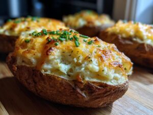 A close-up of a perfectly baked twice baked potato, topped with melted golden cheese and fresh chives.