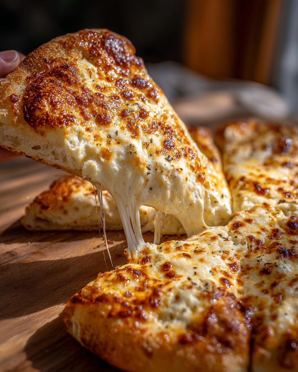 A hand lifts a slice of amazing white pizza, showing long, gooey cheese pulls.