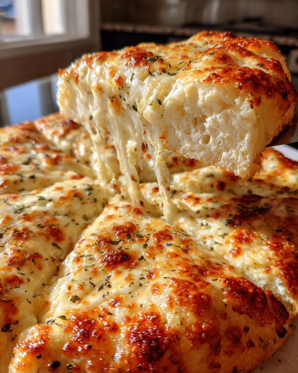 A slice of delicious white pizza being lifted, showing extreme cheese pull and a thick, fluffy crust.