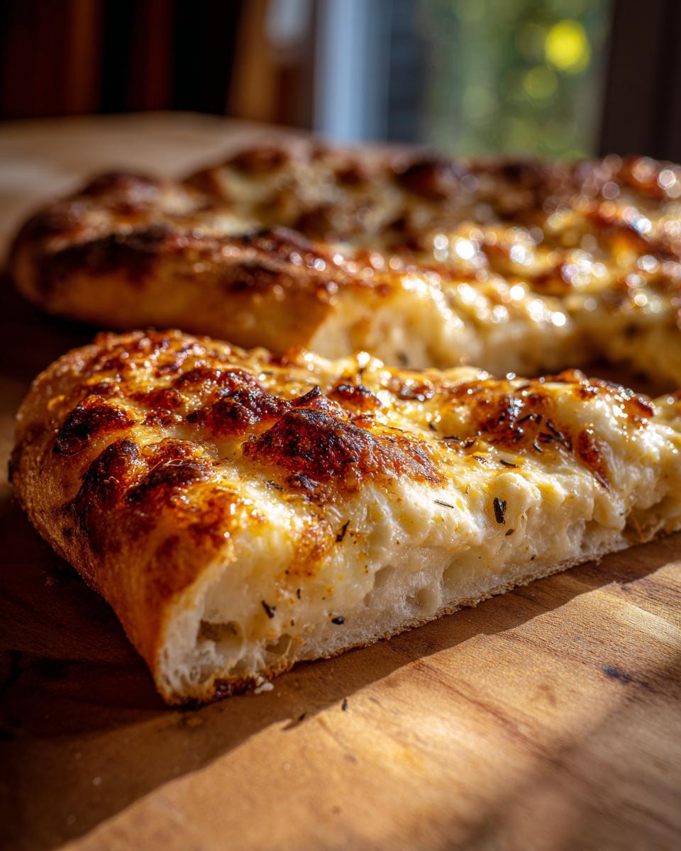 Close-up of a thick slice of amazing white pizza showing bubbly, browned cheese and airy crust.