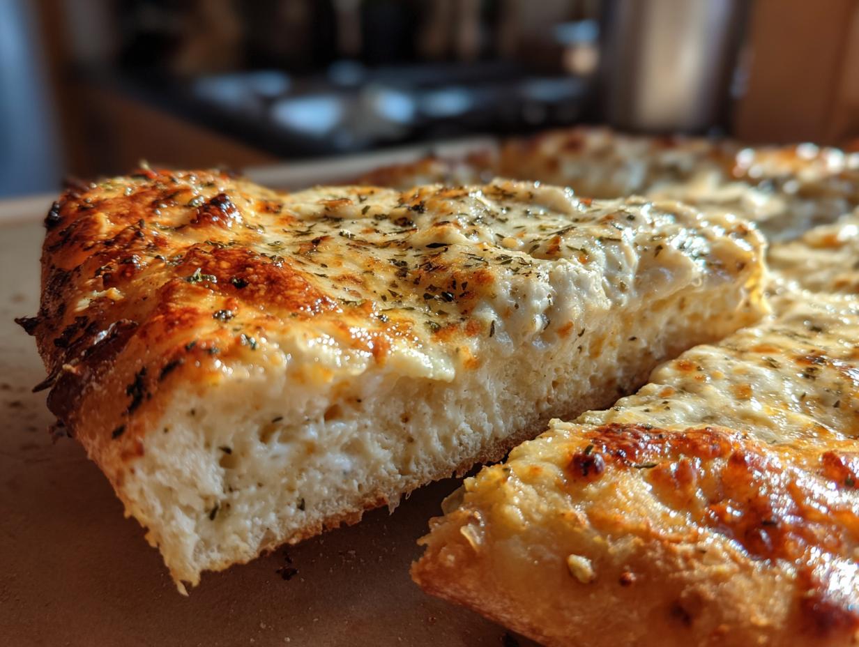 Close-up of a thick slice of amazing white pizza showing fluffy crust and creamy cheese topping.