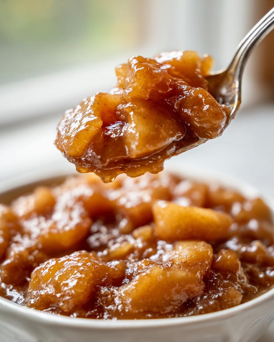 A spoonful of thick, spiced apple pie filling recipe being lifted from a white bowl.