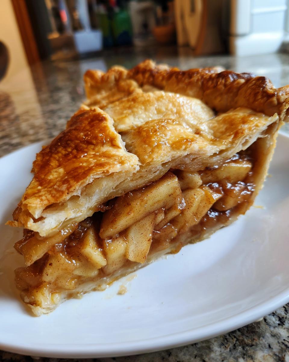 Close-up of a thick slice of apple pie recipe showing cinnamon-spiced apple filling and golden, flaky crust.