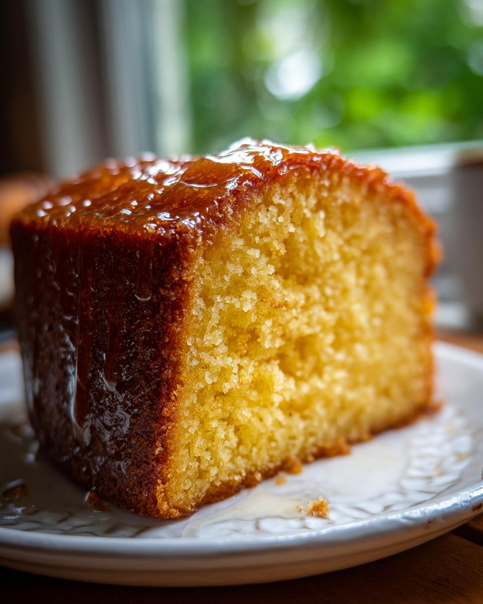 Close-up of a moist slice of bacardi rum cake, dripping with a rich, amber glaze, served on a white plate.