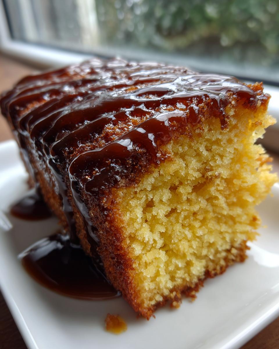 Close-up of a moist slice of bacardi rum cake, rich yellow crumb topped with dark rum glaze.