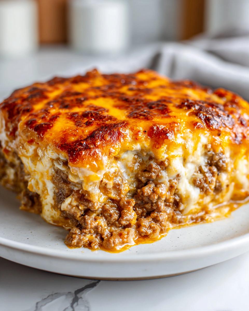 A close-up of a hearty serving of bacon cheeseburger casserole with browned, melted cheese on top.