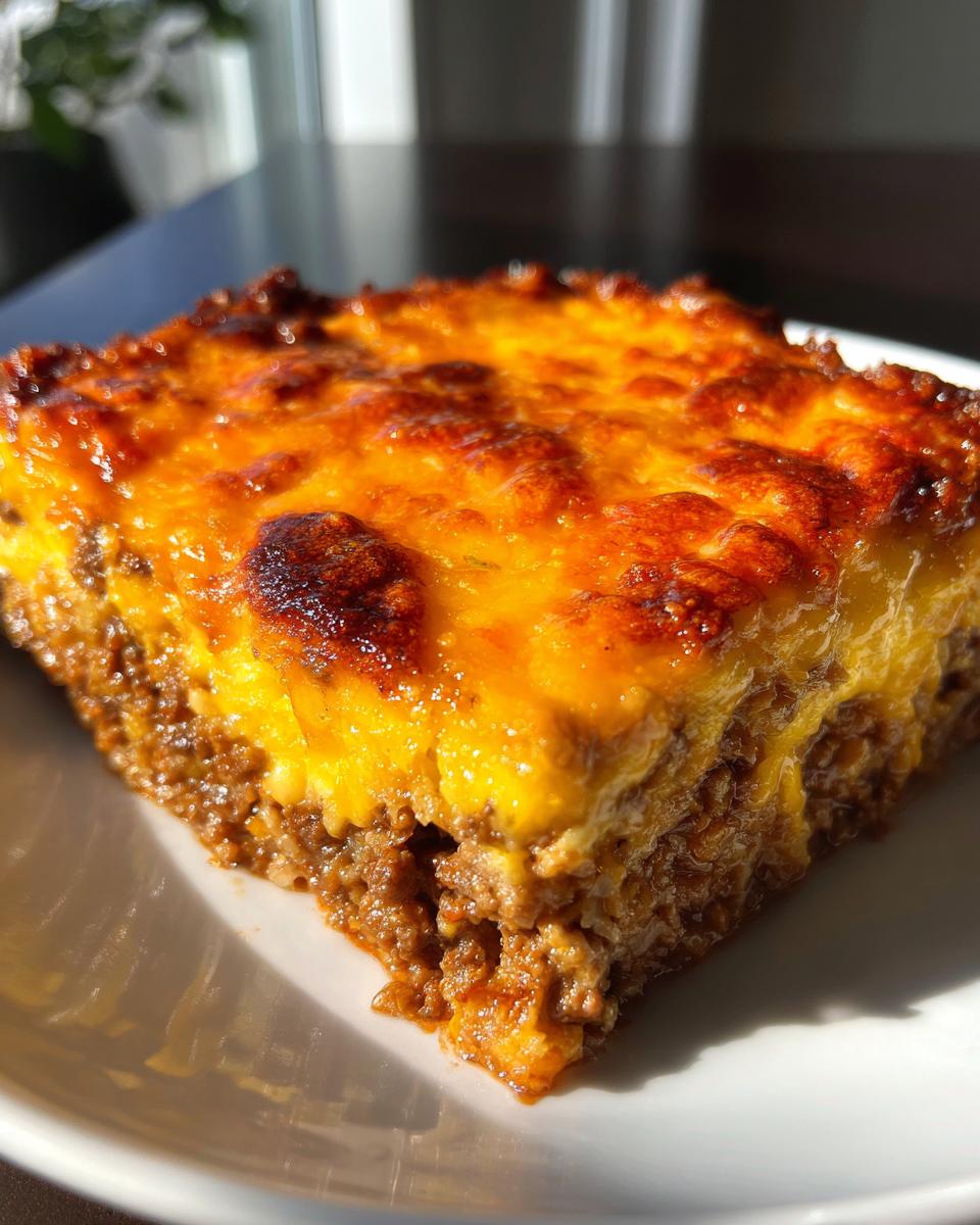 A close-up, sunlit slice of bacon cheeseburger casserole showing a rich meat base and a bubbly, browned cheddar cheese topping.