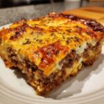 A close-up of a thick slice of bacon cheeseburger casserole with a browned, cheesy top.