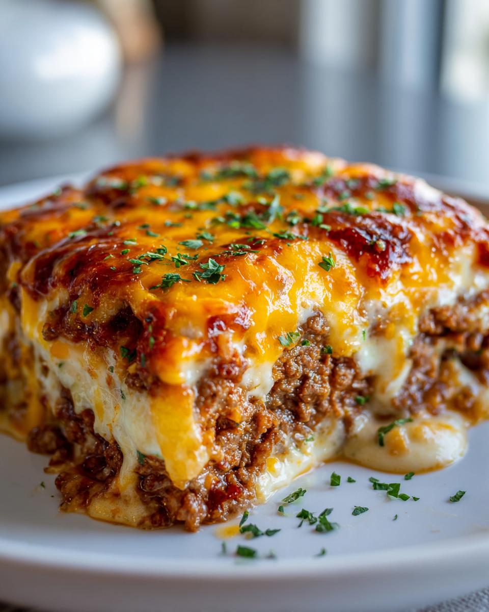 A close-up of a rich, cheesy slice of bacon cheeseburger casserole with melted cheddar and ground beef layers.