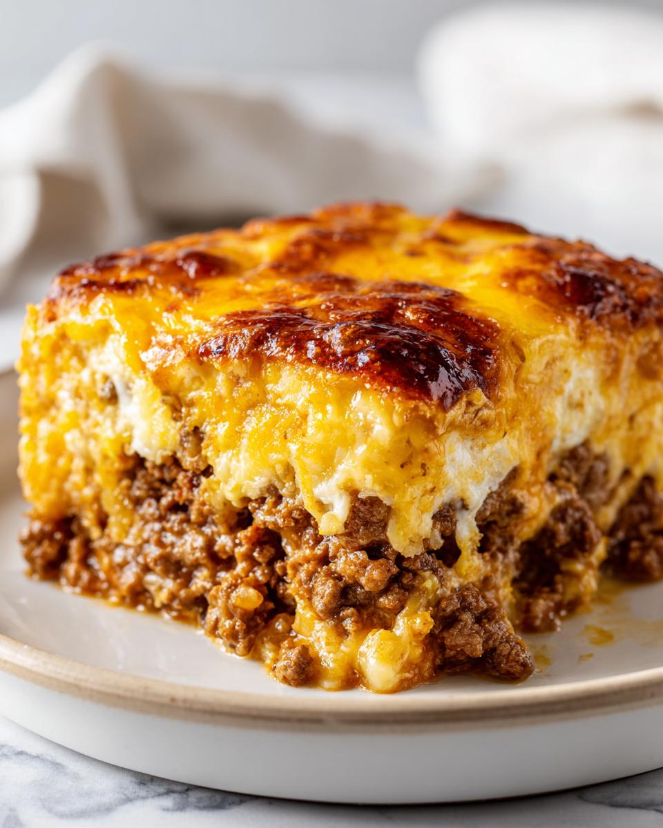 Close-up of a square serving of bacon cheeseburger casserole with a thick, bubbly, browned cheese topping over seasoned ground beef.