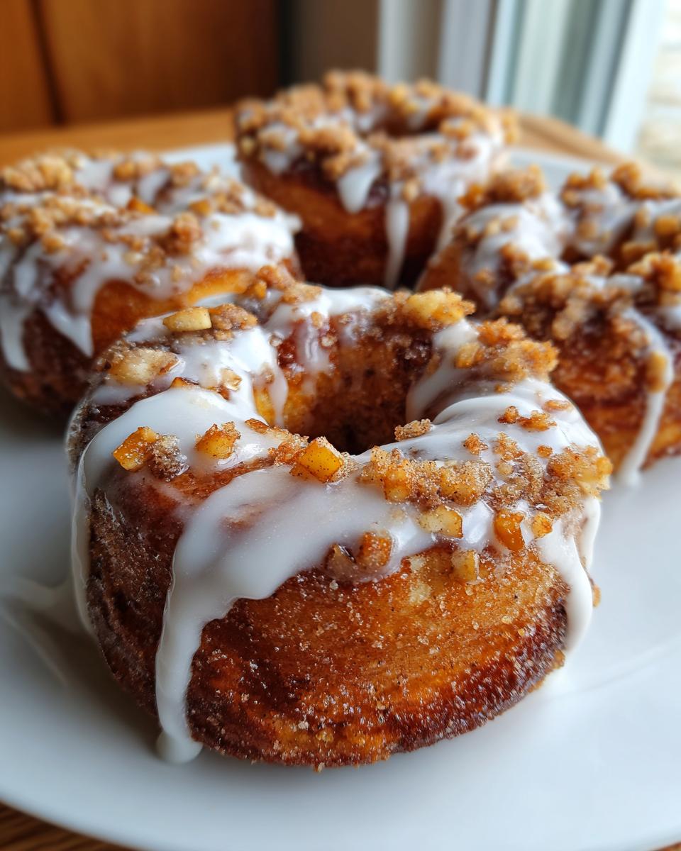 Close-up of several baked apple fritters drizzled with white icing and topped with brown sugar crumble.