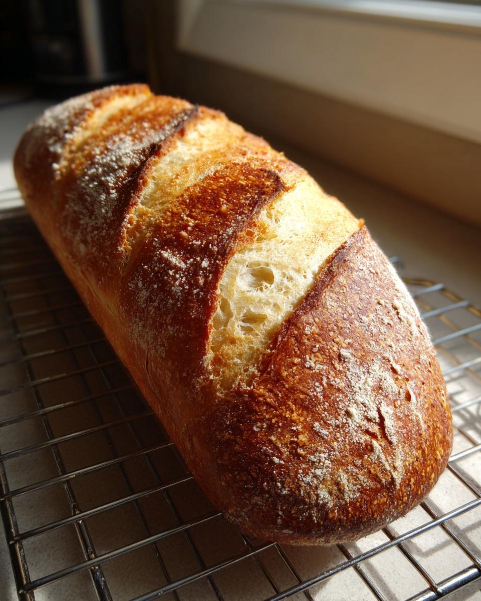 A golden-brown, freshly baked loaf of french bread with deep slashes resting on a wire cooling rack.