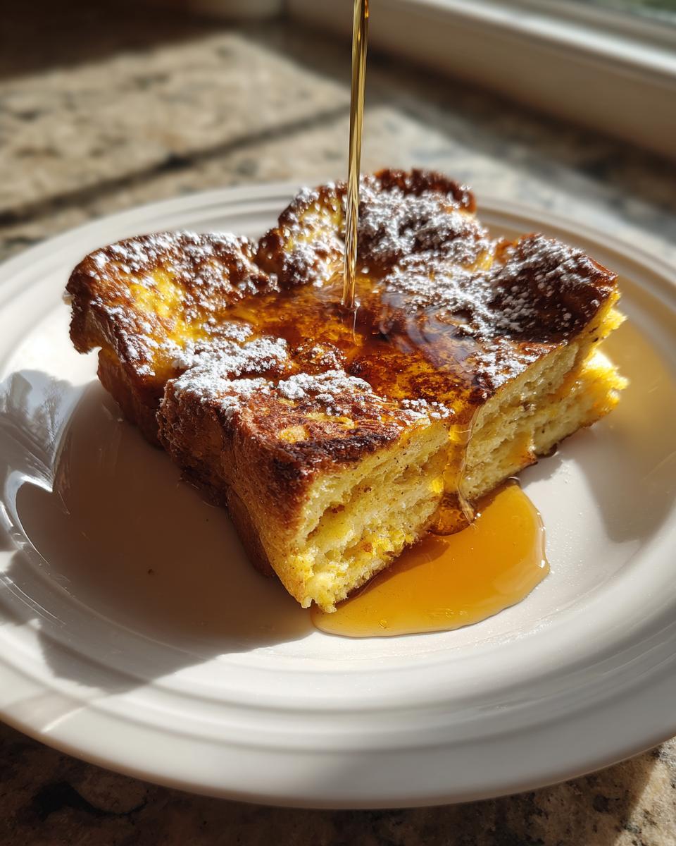 A thick slice of golden baked french toast being drizzled with maple syrup and dusted with powdered sugar.