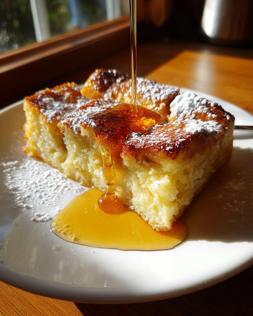 A square slice of fluffy baked French toast dusted with powdered sugar, with syrup being poured over it.