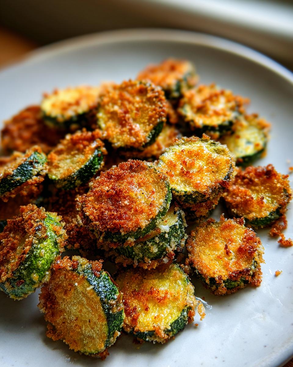 Close-up of golden brown, crispy baked parmesan zucchini slices piled on a light-colored plate.