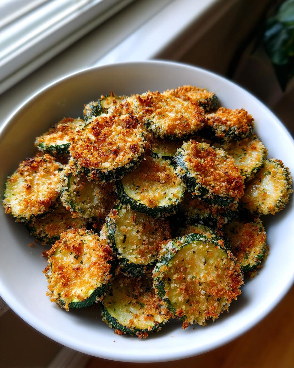 A white bowl filled with crispy, golden-brown baked parmesan zucchini slices, ready to serve.