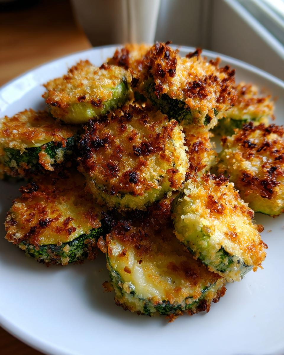 Close-up of crispy, golden-brown baked parmesan zucchini slices piled on a white plate.