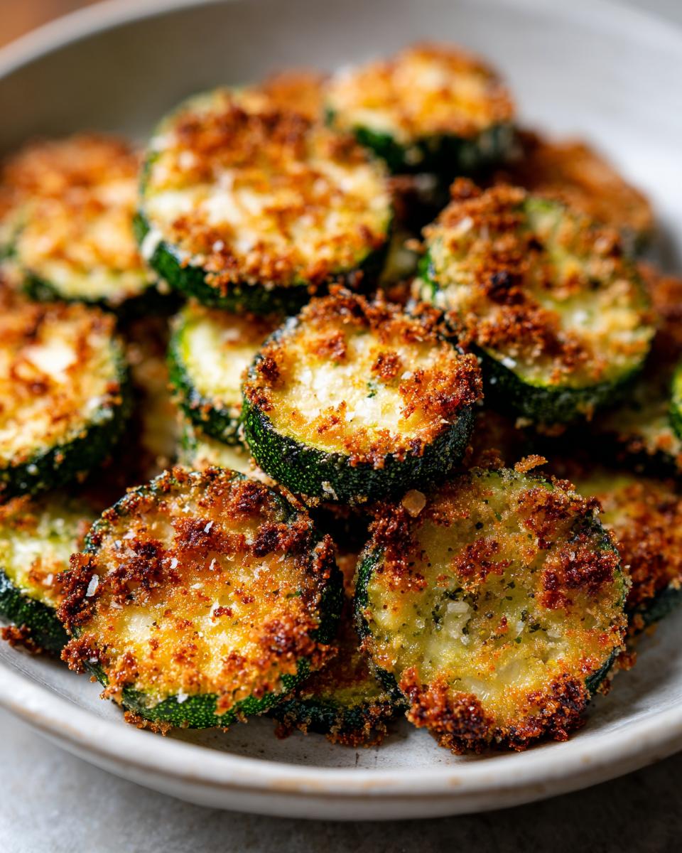 Close-up of crispy, golden-brown baked parmesan zucchini slices piled in a light bowl.