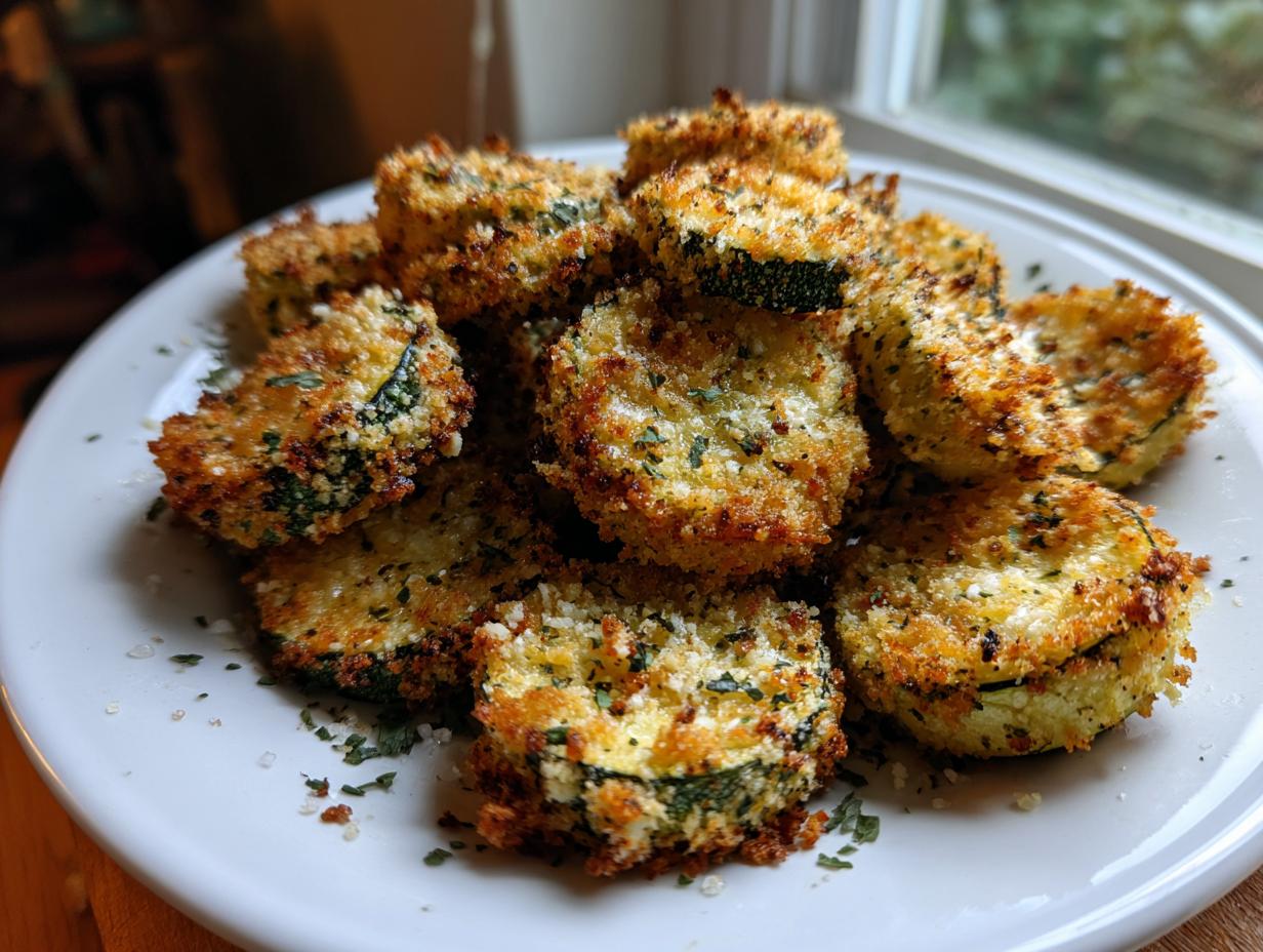 A pile of crispy, golden baked parmesan zucchini slices seasoned with herbs on a white plate.