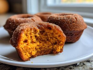 Close-up of a baked pumpkin donut cut in half showing the moist orange interior, coated in cinnamon sugar.