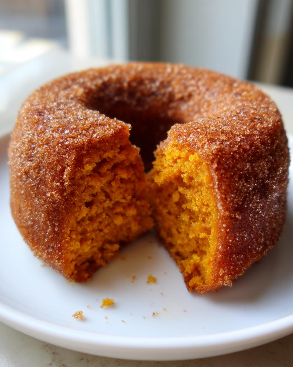 A close-up of a baked pumpkin donut, split in half to show the moist orange interior, coated in cinnamon sugar.