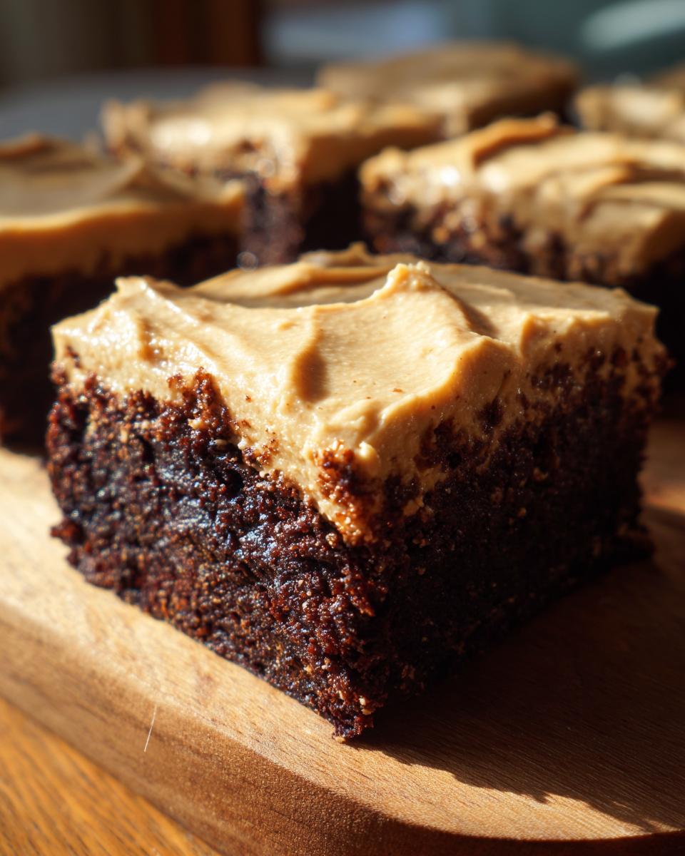 A rich, dark chocolate slice of banana bread brownies topped with thick peanut butter frosting, sitting on a wooden board.