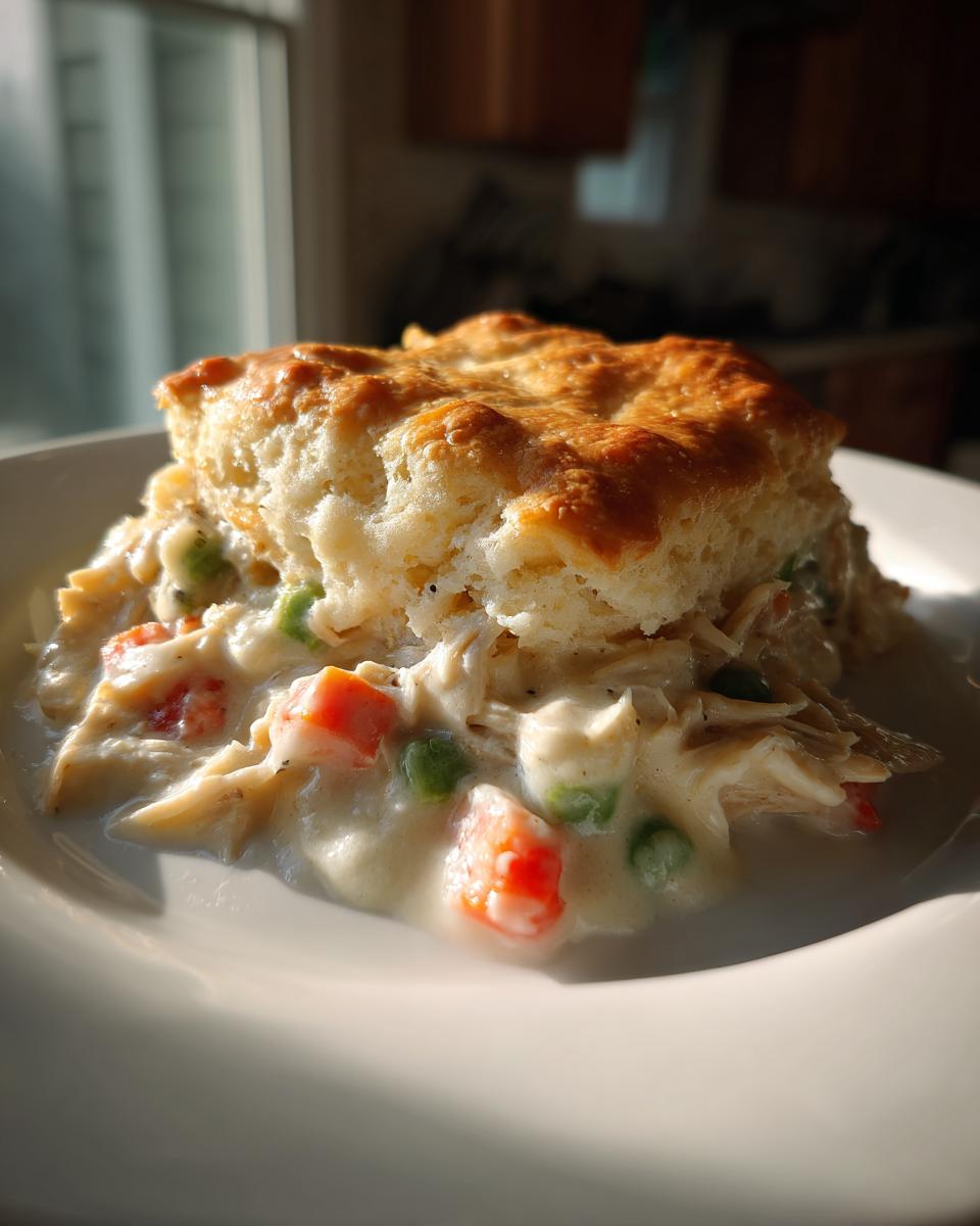 A scoop of creamy chicken pot pie casserole topped with a golden, flaky biscuit, served on a white plate.