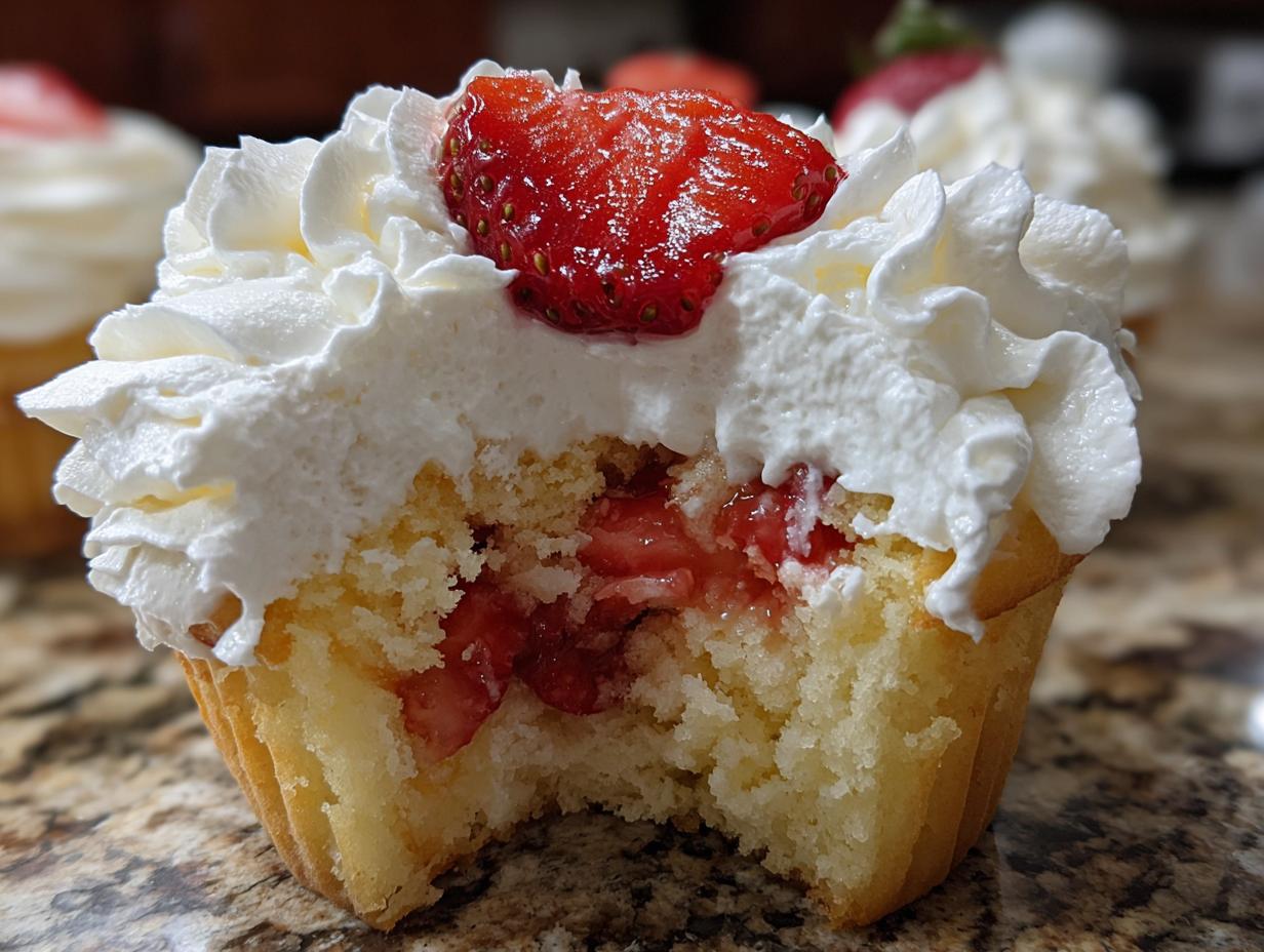 Close-up of a strawberry shortcake cupcake with a bite taken out, showing fluffy cake, strawberry filling, and whipped cream topping.