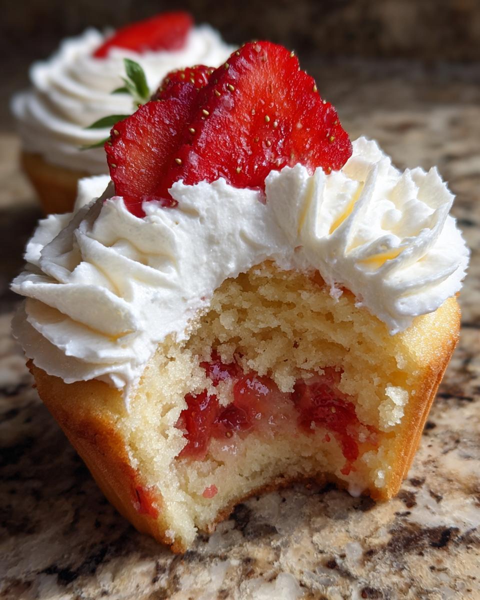 Close-up of a strawberry shortcake cupcake with a bite taken out, revealing strawberry filling and topped with whipped cream and sliced strawberries.