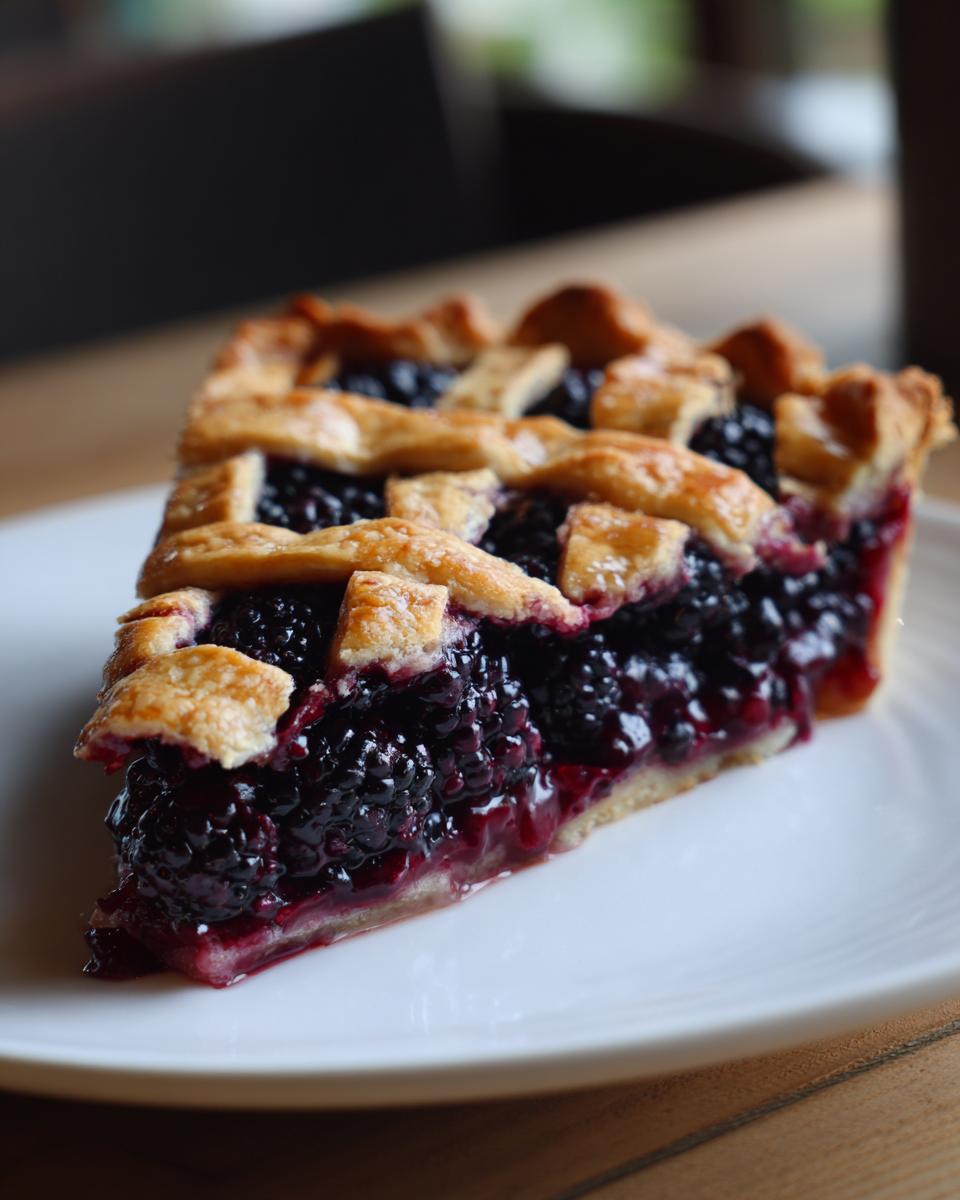 A close-up of a thick slice of blackberry pie showing juicy filling and a golden lattice crust.