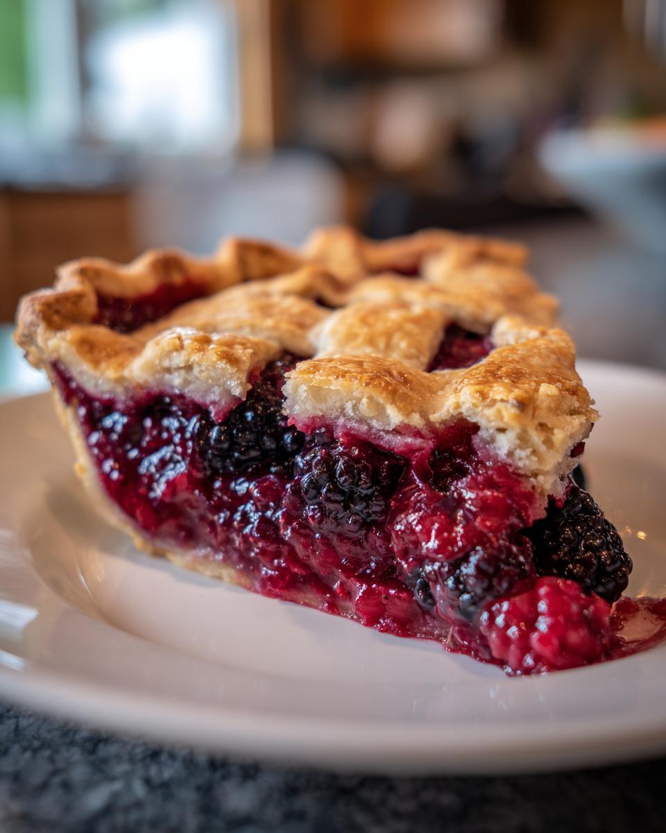 Close-up of a juicy slice of blackberry pie showing the lattice crust and rich berry filling.