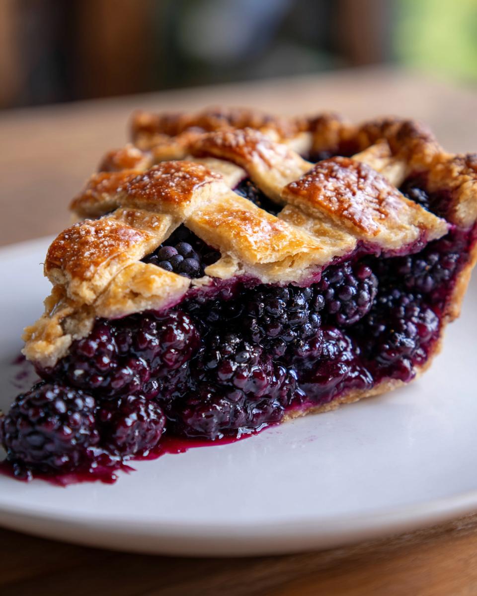 Close-up of a juicy slice of blackberry pie featuring a thick, dark berry filling and a golden lattice crust.