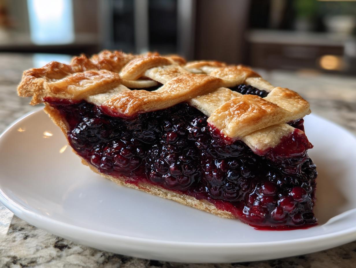 A close-up of a generous slice of blackberry pie featuring a juicy, dark filling and a golden, flaky lattice crust.