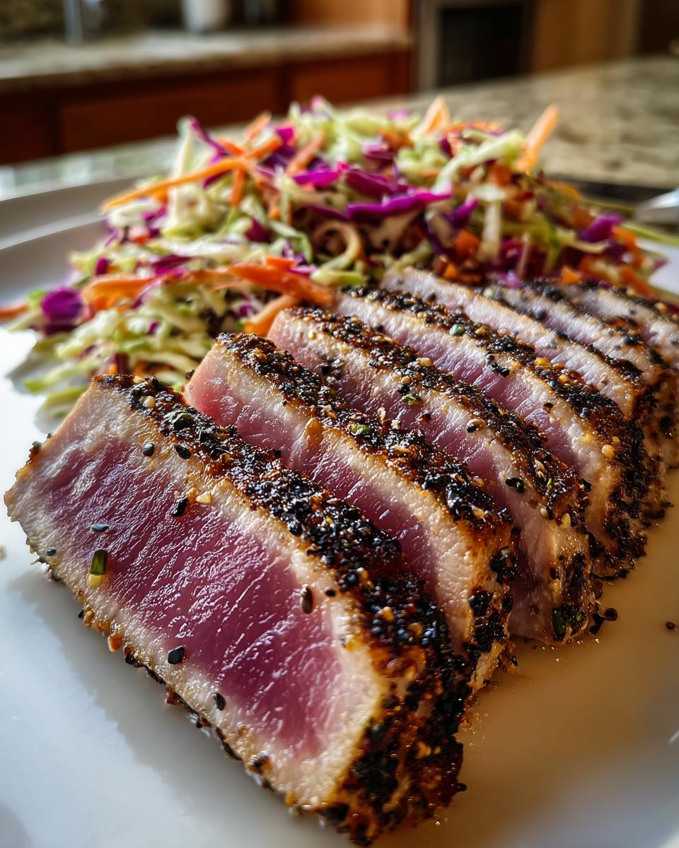Close-up of perfectly seared, sliced blackened tuna steak with a rare pink center, served next to colorful coleslaw.