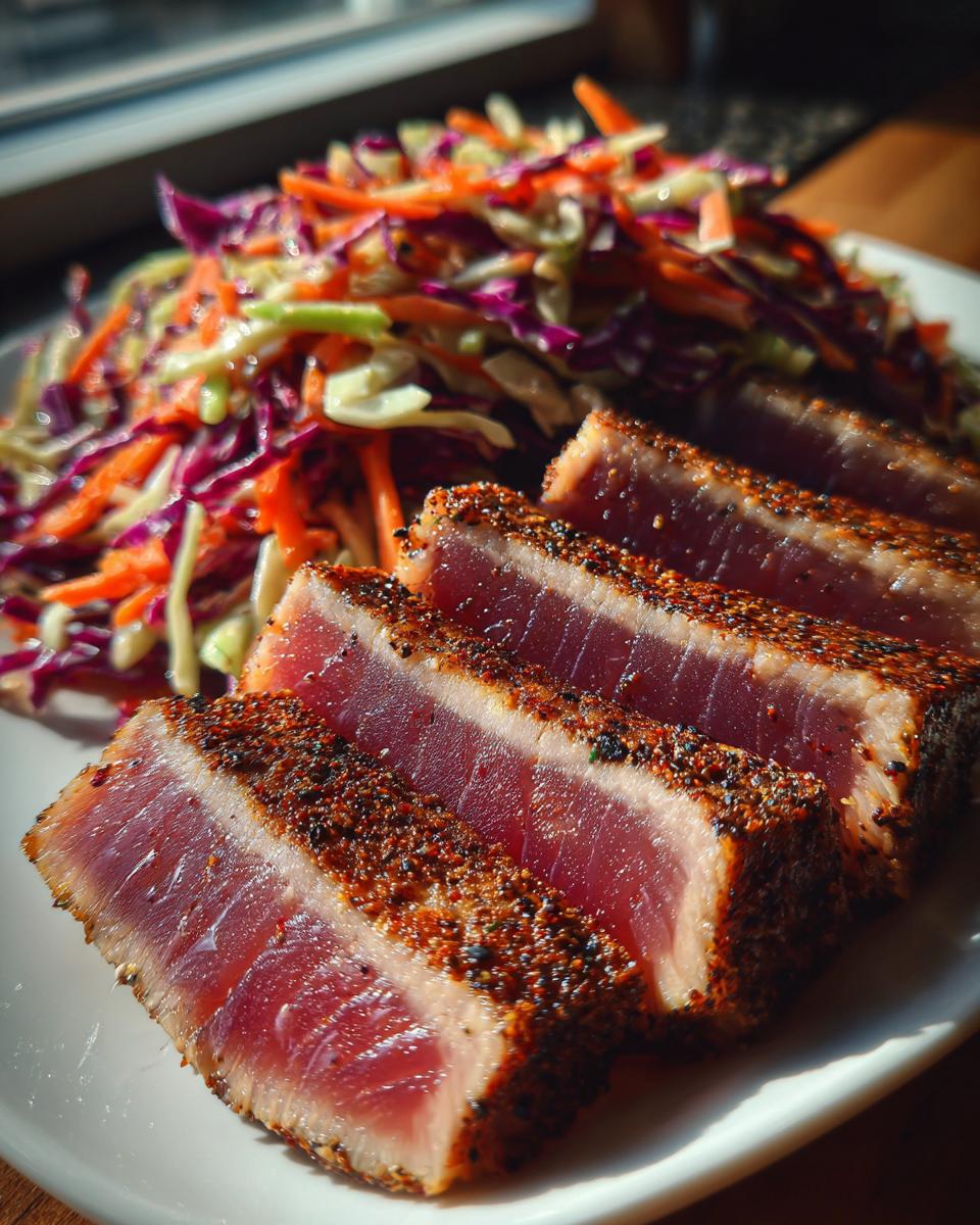 Four slices of perfectly seared, medium-rare blackened tuna steak served with a colorful coleslaw.